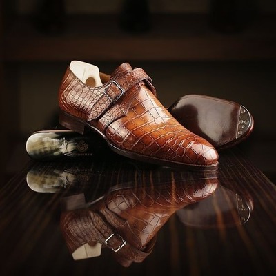 Handmade Men's Brown Alligator Print Leather Singal Monk Buckle Dress Shoes