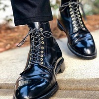 Handmade Black Men's Leather Lace Up Cap Toe Ankle High Boots - Thumbnail 1