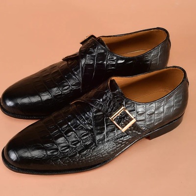 Handmade men's fashion black alligator print leather singal monk buckle loafer shoes