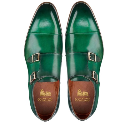 Men's green leather fashion double buckle cap toe handmade shoes