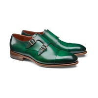 Men's Green Leather Fashion Double Buckle Cap Toe Handmade Shoes - Thumbnail 1