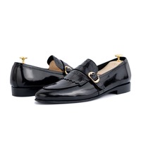 Handmade Men's Black Leather Fringe Singal Monk Buckle Office Shoes - Thumbnail 1