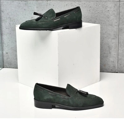 Handmade Men's Fashion Green Suede Tussle Loafer Shoes