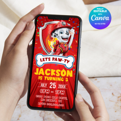 Paw Patrol Birthday Invitation, Marshall Paw Patrol E-Invite Birthday Invitation Canva Editable