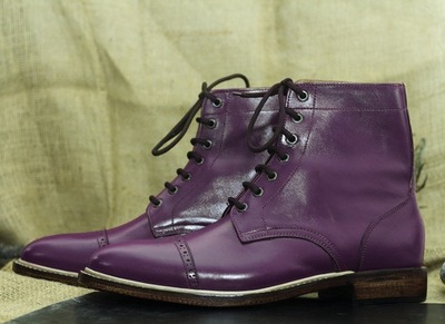 Handmade Men's Purple Leather Lace Up Cap Toe Ankle High Boots