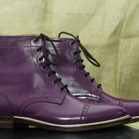 Handmade Men's Purple Leather Lace Up Cap Toe Ankle High Boots - Thumbnail 1