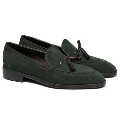 Apron Toe Handmade Premium Leather Tassel Loafer Slip Ons Men Green Shoes