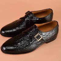 Handmade Men's Fashion Black Alligator Print Leather Singal Monk Buckle Loafer Shoes - Thumbnail 1