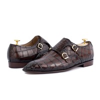Handmade Men's Brown Alligator Print Leather Double Monk Buckle Office Shoes - Thumbnail 1