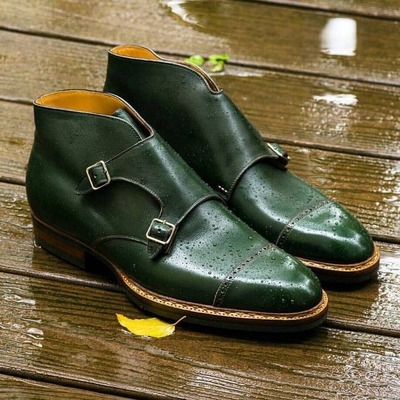 Men's green leather fashion double buckle cap toe handmade ankle boots