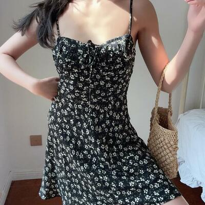 Retro girly floral print casual suspender dress