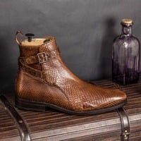 Handmade Men's Brown Python Leather Jodhpur Ankle High Boots - Thumbnail 1