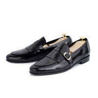 Handmade Men's Black Leather Fringe Singal Monk Buckle Office Shoes - Thumbnail 2