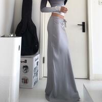 Gray silk satin high waist skirt - Thumbnail 6