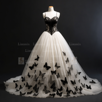 White Tulle and Black Lace Applique Wedding Dresses Bridal Gowns Floor Length Formal Brithday Party Occasion Lace Up Custom W1-7.8