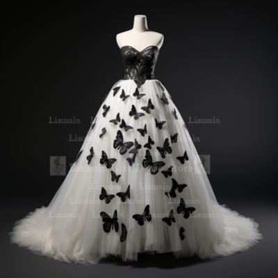 White tulle and black lace applique wedding dresses bridal gowns floor length formal brithday party occasion lace up custom w1-7.7