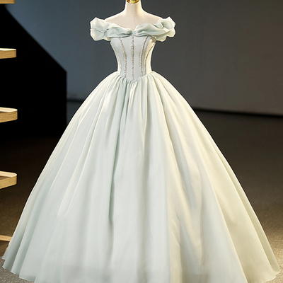 Green tulle beaded long prom dress