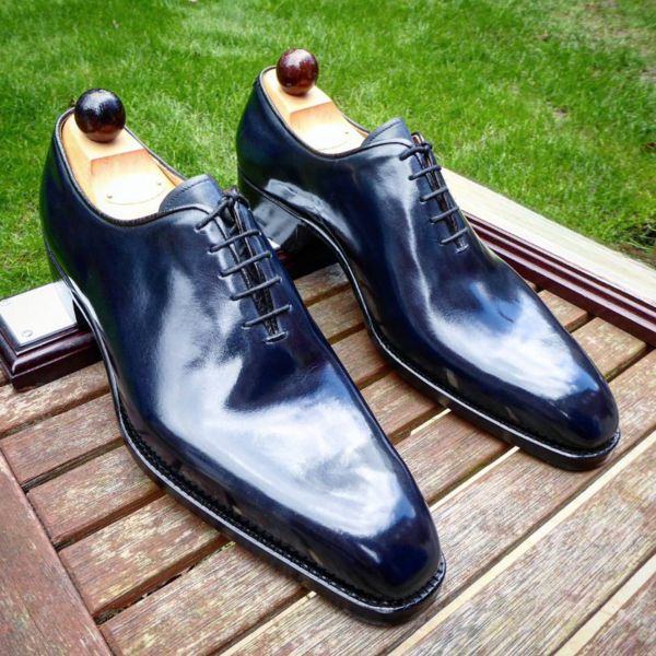 Wholecut Men's Deep Blue Museum Leather Single Sole Lace-up Oxford Formal Dress Shoes, Handwelted Construction