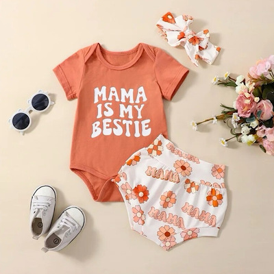Infant and baby girls summer clothing set mama is my bestie print short sleeve romper shorts and bow, free shipping
