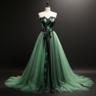 Green Tulle and Black Lace Edge Applique Full Length Lace Up Back Evening Dress Brithday Formal Occasion Elagant Clohing W1-8.5