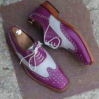 Men's Two Tone Leather Lace Up Cap Toe Dress Handmade Shoes - Thumbnail 1