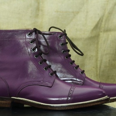 Handmade men's purple leather lace up cap toe ankle high boots