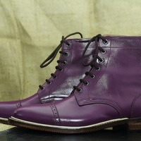 Handmade Men's Purple Leather Lace Up Cap Toe Ankle High Boots - Thumbnail 1