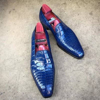 Handmade men's blue alligator print leather loafer shoes - Thumbnail 2