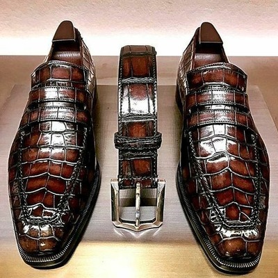 Handmade men's brown alligator print pennyleather loafer shoes - Thumbnail 1