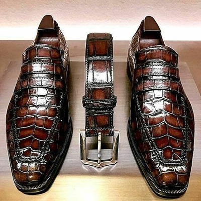 Handmade Men's Brown Alligator Print PennyLeather Loafer Shoes
