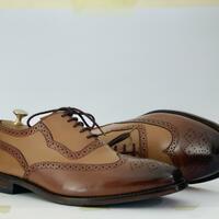 Handmade Two Tone Wing Tip Men's Dress Leather Lace Up Shoes - Thumbnail 1