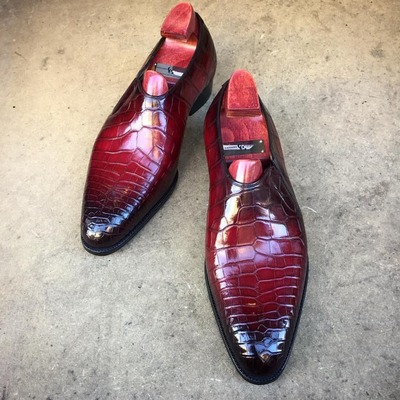 Handmade Men's Fashion Burgundy Alligator Print Leather Loafer Shoes