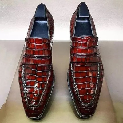 Handmade Men's Fashion Burgundy Alligator Print Leather Peeny Loafer Shoes