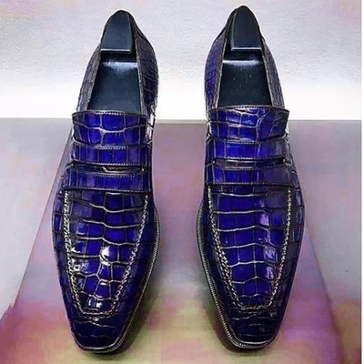 Handmade men's fashion blue alligator print leather peeny loafer shoes