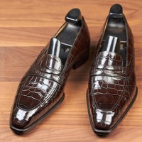 Handmade Men's Fashion Chocolate Alligator Print Leather Peeny Loafer Shoes - Thumbnail 1
