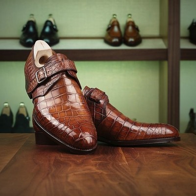 Handmade Men's Brown Alligator Print Leather Singal Monk Buckle Dress Shoes