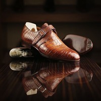 Handmade Men's Brown Alligator Print Leather Singal Monk Buckle Dress Shoes - Thumbnail 1