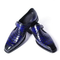 Handmade Men's Blue Alligator Print Leather Singal Monk Buckle Office Shoes - Thumbnail 1