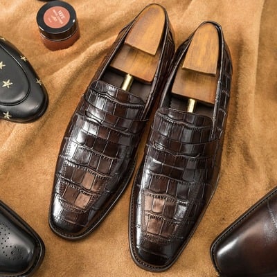 Handmade men's fashion brown alligator print leather peeny loafer shoes