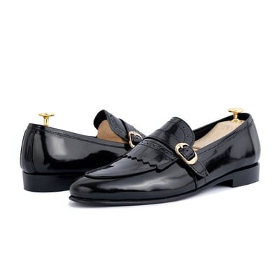 Handmade men's black leather fringe singal monk buckle office shoes