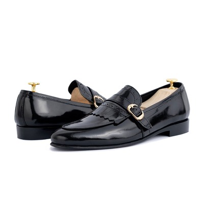 Handmade Men's Black Leather Fringe Singal Monk Buckle Office Shoes