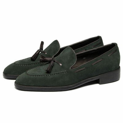 Handmade men's fashion green suede tussle loafer shoes