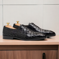 Handmade Black Alligator Texture Print Lace Up Shoes, Dress Office Shoes - Thumbnail 1