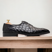 Handmade Black Alligator Texture Print Lace Up Shoes, Dress Office Shoes - Thumbnail 3