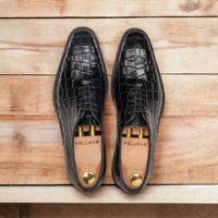Handmade Black Alligator Texture Print Lace Up Shoes, Dress Office Shoes - Thumbnail 2