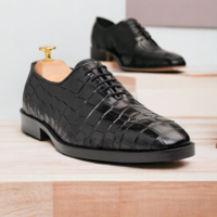Handmade Black Alligator Texture Print Lace Up Shoes, Dress Office Shoes - Thumbnail 1