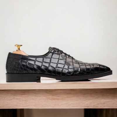 Handmade Black Alligator Texture Print Lace Up Shoes, Dress Office Shoes