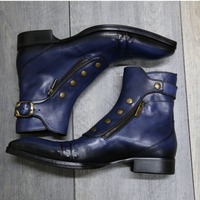 Handmade Men's Blue Leather Singal Buckle Cap Toe Ankle High Boots - Thumbnail 1