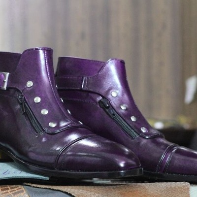 Handmade men's purple leather singal buckle cap toe ankle high boots