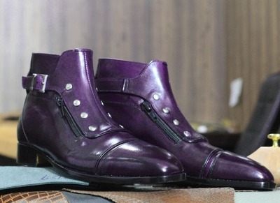 Handmade Men's Purple Leather Singal Buckle Cap Toe Ankle High Boots